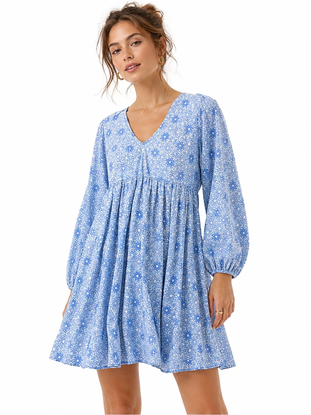 Monsoon & Beyond Handmade Blue Floral Babydoll Dress Cotton Boho Small